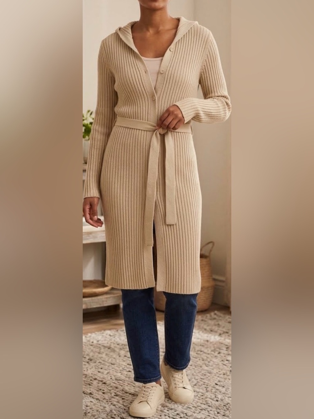 Ribbed Midi Wrap Skirt with Tie Waist - Cream